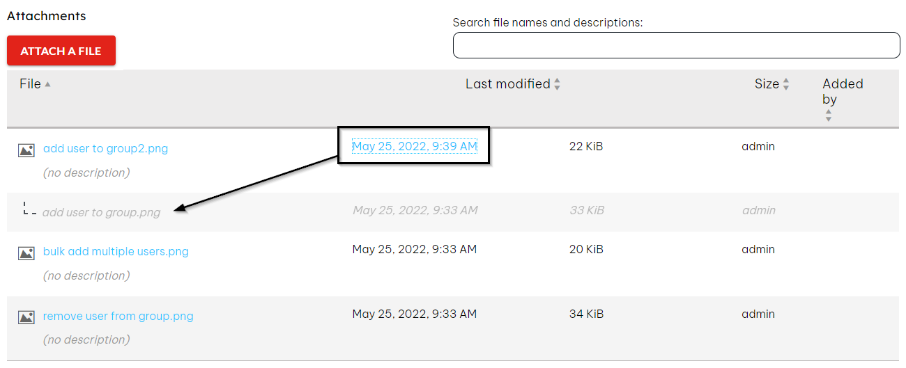 Image shows where to click to view previous versions of an attachment