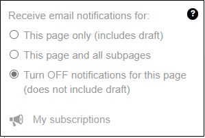 Page notification options include: 1) Subscribe to the current page, including drafts, 2) Subscribe to the current page and all sub-pages, 3) Turn OFF subscription notifications for the page, excluding drafts, and 4) Manage my subscriptions