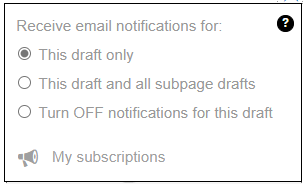Draft notification options: 1) Subscribe to notifications for this draft only, 2) For this draft and all sub-page drafts, 3) Turn OFF notifications for this draft, or 4) Manage my subscriptions