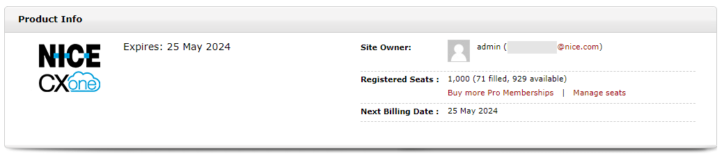 Product Info box, showing the site's expiration date, site Admin, number of registered and available seats, and next billing date.