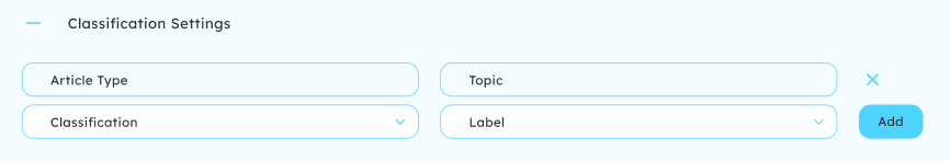 Classification settings, showing a classification for Article type with the label Topic exists on this Guide. To the right of the existing classification is an X. There is a blank classification selection below it whose fields say "Classification - Label". To the right of the blank classification fields, there is a blue Add button, to add the classification once it has been selected.