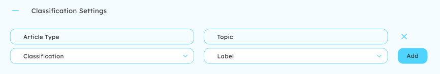 Classification settings,  showing a classification for Article type with the label Topic exists on this Guide. To the right of the existing classification is an X. There is a blank classification selection below it whose fields say "Classification - Label". To the right of the blank classification fields, there is a blue Add button, to add the classification once it has been selected.