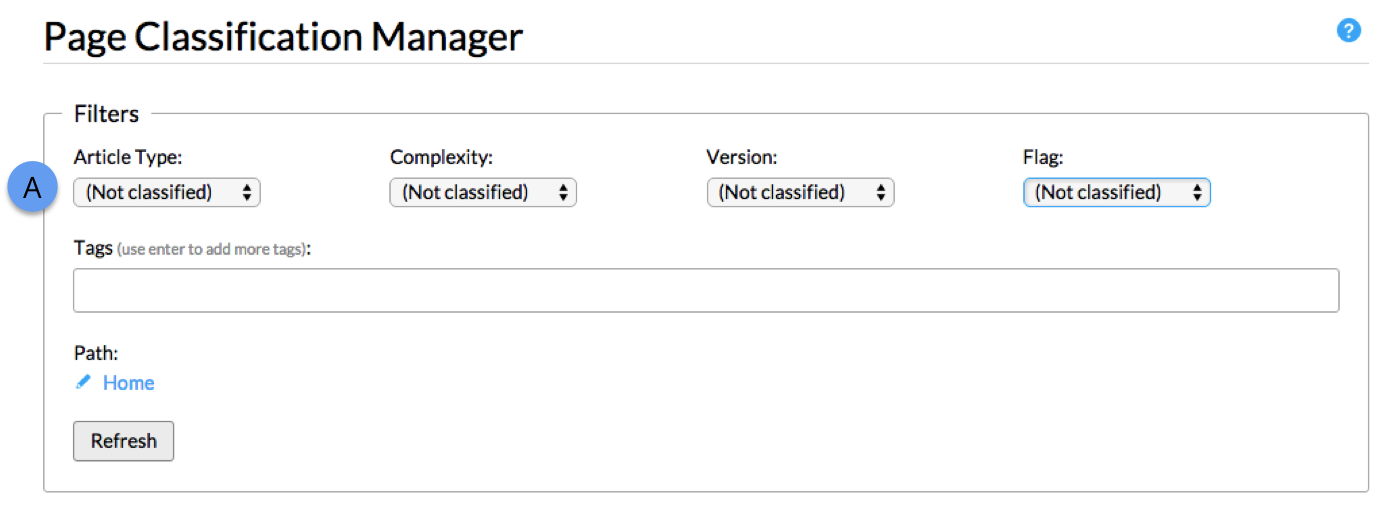 Screenshot of the Page Classification Manager filters