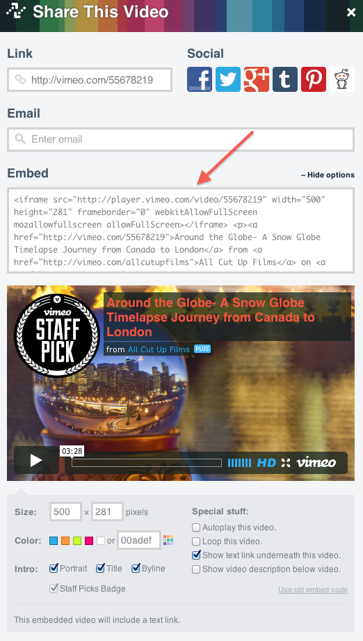 Screenshot of a vimeo embed dialog